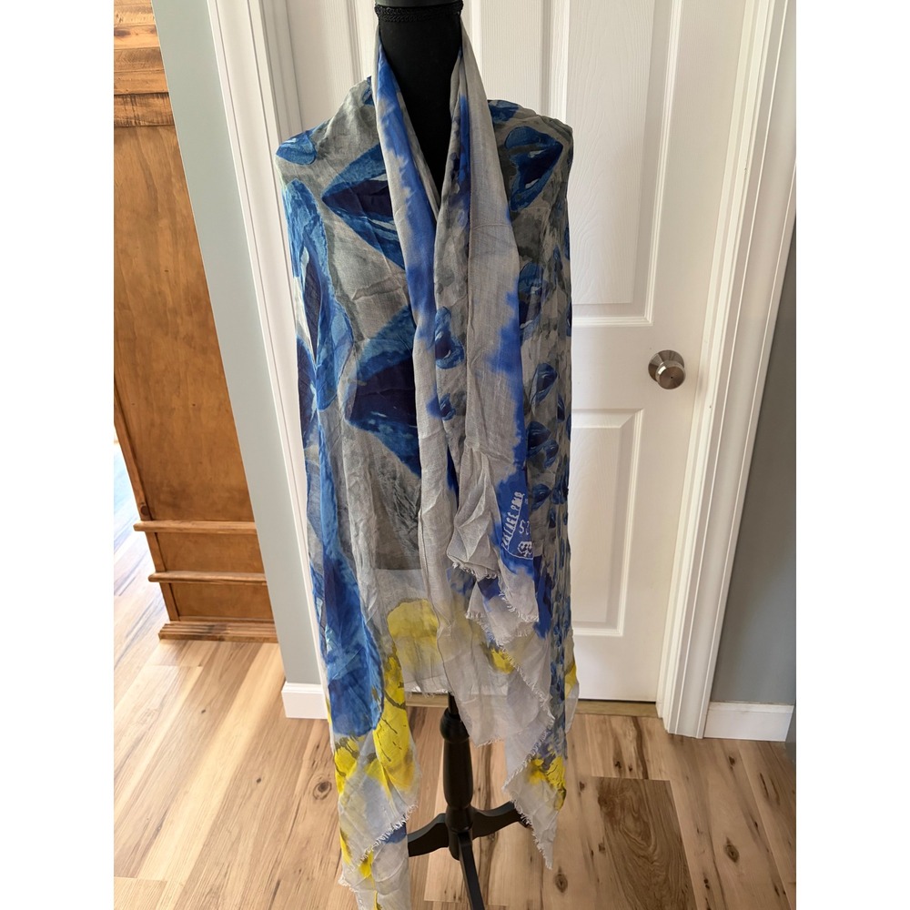 Yigal Azrouel Resort 2014 Blue Grey Print Eyelash Fringe Scarf Wrap - Picture 2 of 5